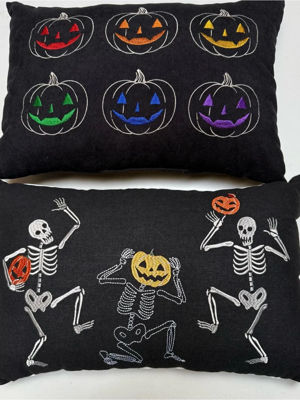 Halloween Embroidered Pumpkin & Skeleton Decorative Pillow Set - Black